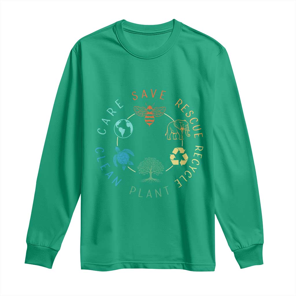 Earth Day Environment Long Sleeve Shirt Save Bees Rescue Animals Recycle Plastic