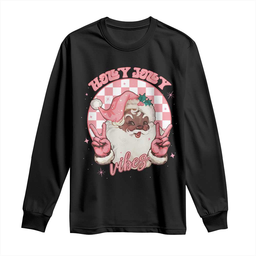 Funny Pink Christmas Retro Black Santa Long Sleeve Shirt Holly Jolly Vibes Checkboards