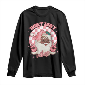 Funny Pink Christmas Retro Black Santa Long Sleeve Shirt Holly Jolly Vibes Checkboards
