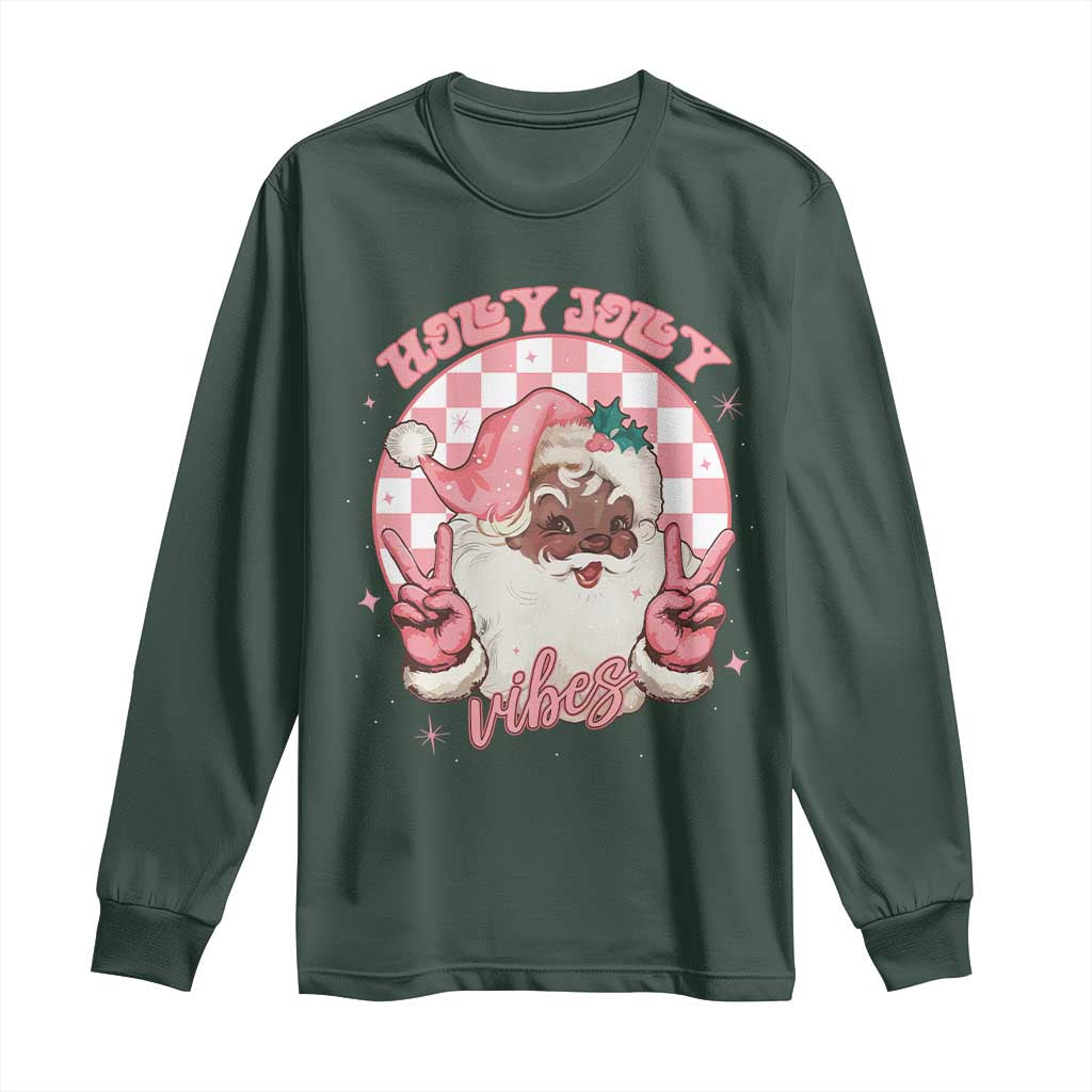 Funny Pink Christmas Retro Black Santa Long Sleeve Shirt Holly Jolly Vibes Checkboards