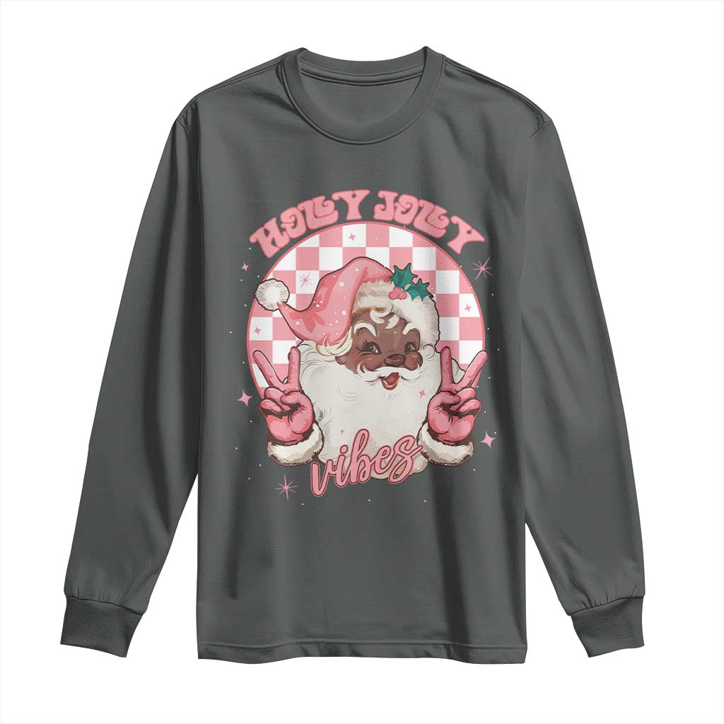 Funny Pink Christmas Retro Black Santa Long Sleeve Shirt Holly Jolly Vibes Checkboards