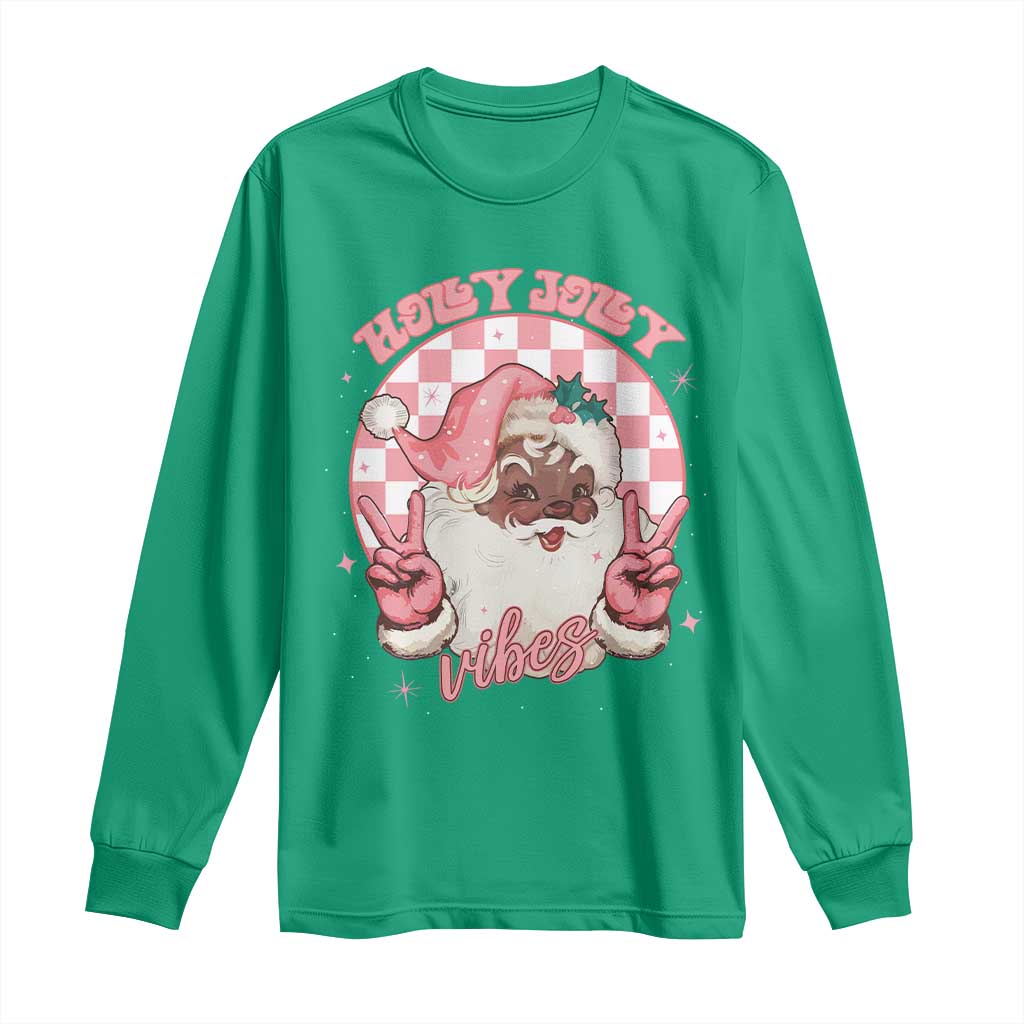 Funny Pink Christmas Retro Black Santa Long Sleeve Shirt Holly Jolly Vibes Checkboards
