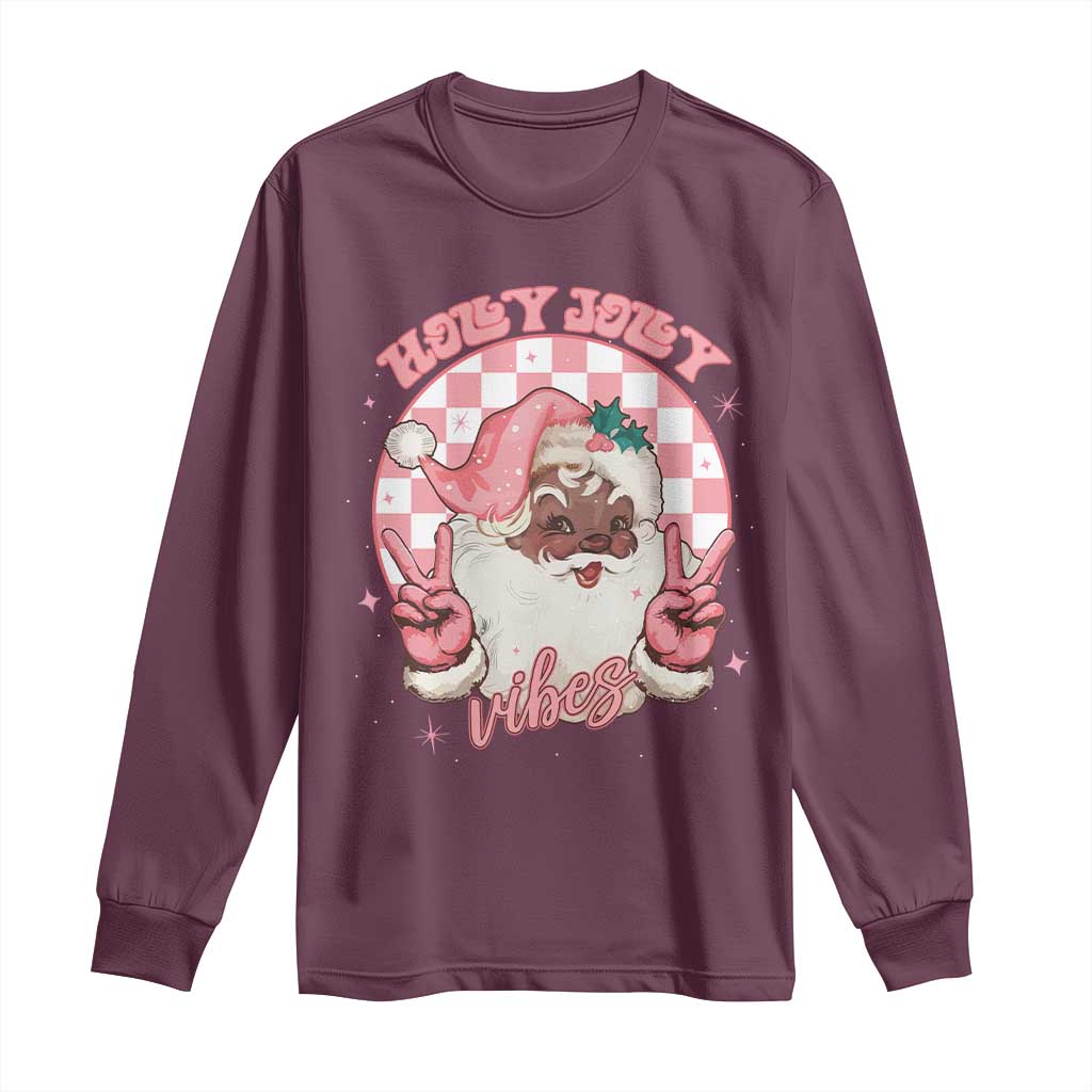 Funny Pink Christmas Retro Black Santa Long Sleeve Shirt Holly Jolly Vibes Checkboards