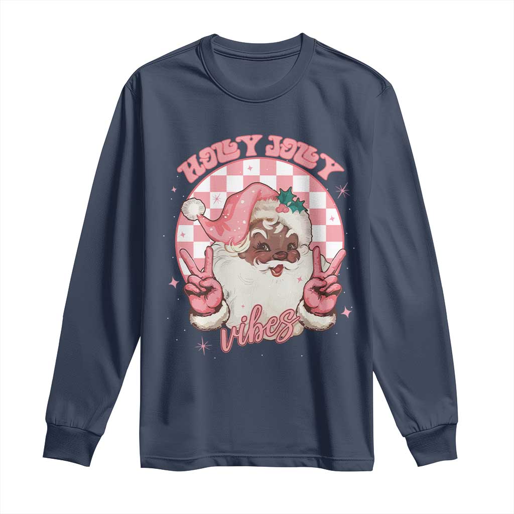 Funny Pink Christmas Retro Black Santa Long Sleeve Shirt Holly Jolly Vibes Checkboards