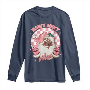 Funny Pink Christmas Retro Black Santa Long Sleeve Shirt Holly Jolly Vibes Checkboards