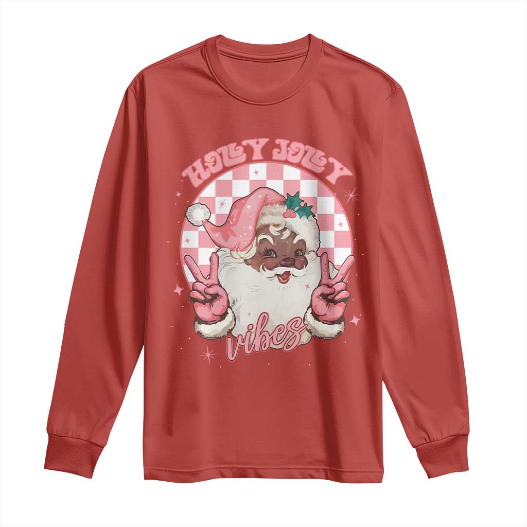 Funny Pink Christmas Retro Black Santa Long Sleeve Shirt Holly Jolly Vibes Checkboards