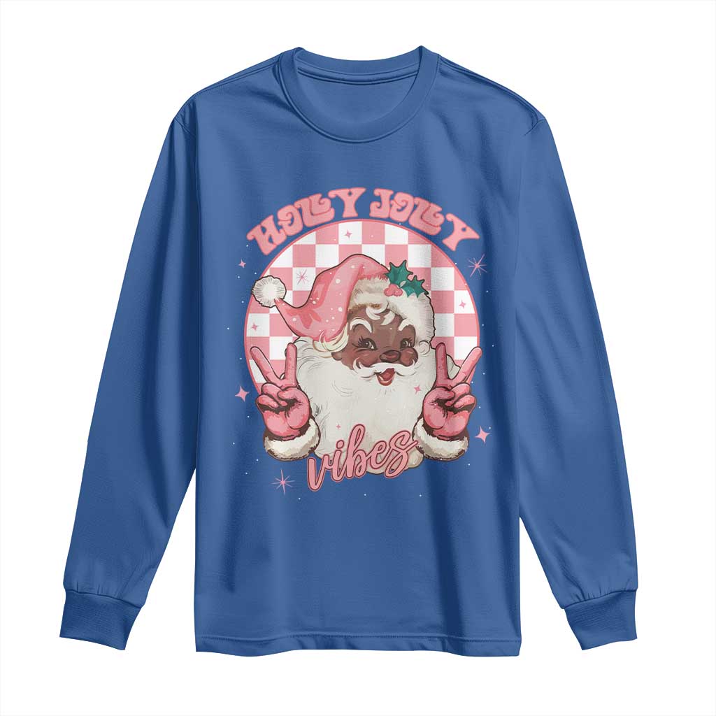 Funny Pink Christmas Retro Black Santa Long Sleeve Shirt Holly Jolly Vibes Checkboards
