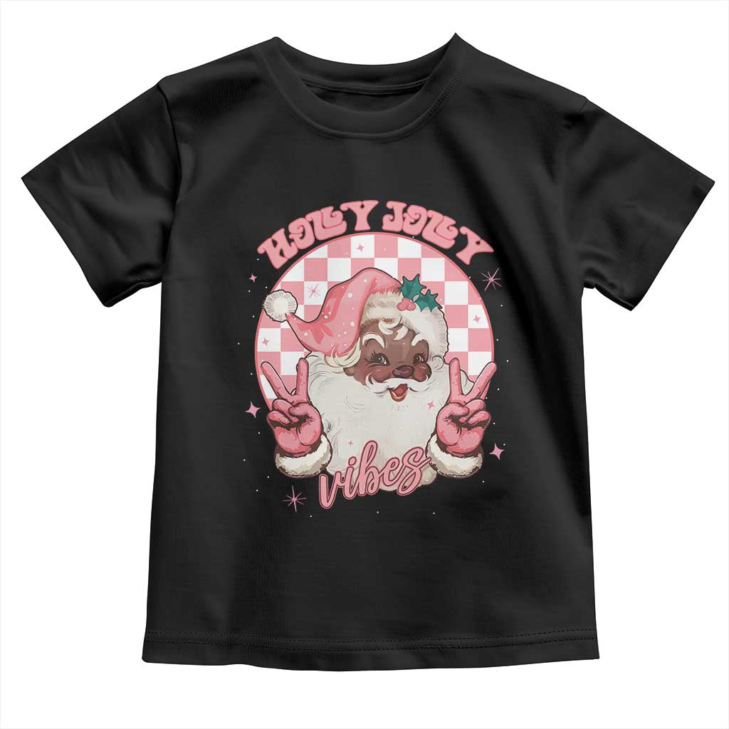 Funny Pink Christmas Retro Black Santa Toddler T Shirt Holly Jolly Vibes Checkboards