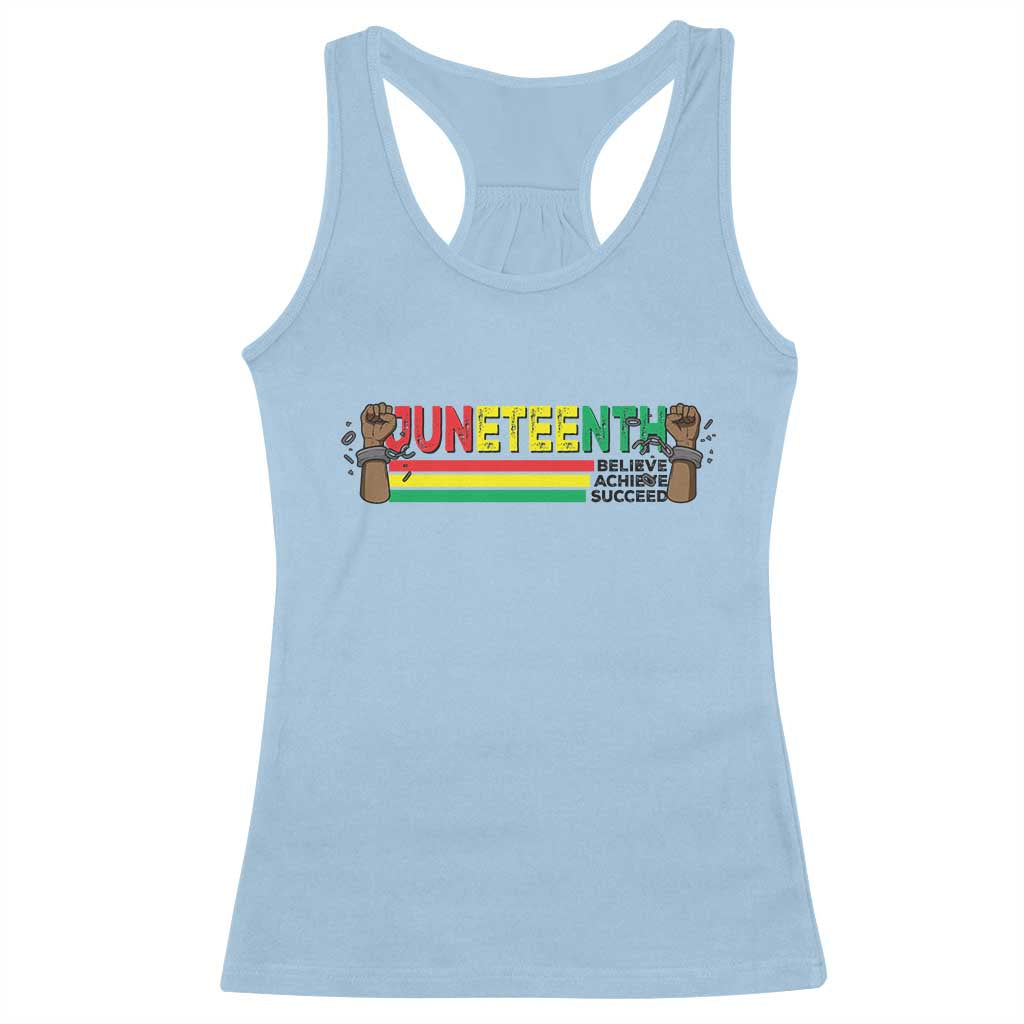 Juneteenth 1865 Racerback Tank Top Believe Achieve Succeed Independence Day Breaking Every Chain