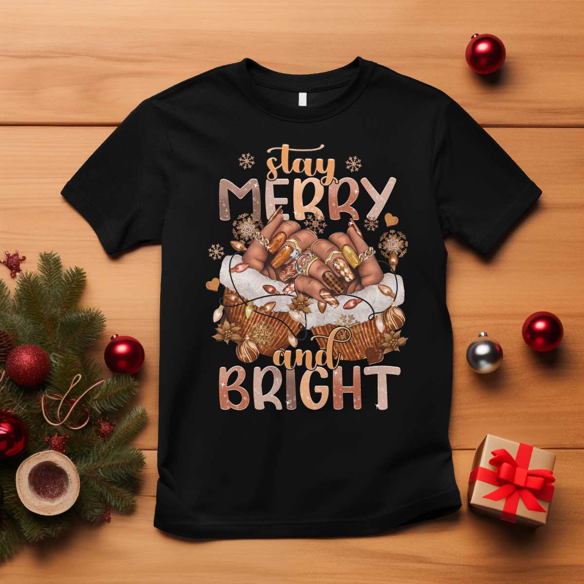Funny African American Christmas T Shirt Stay Merry And Bright Black Melanin Girl Nails