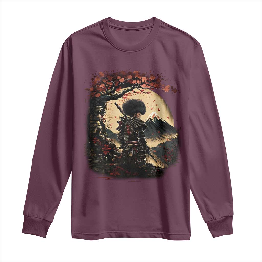 Funny African America Samurai Long Sleeve Shirt Japanese Art Black Warrior Sakura