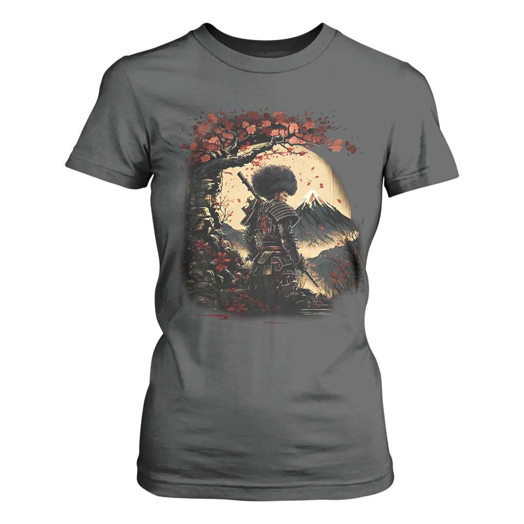 Funny African America Samurai T Shirt For Women Japanese Art Black Warrior Sakura