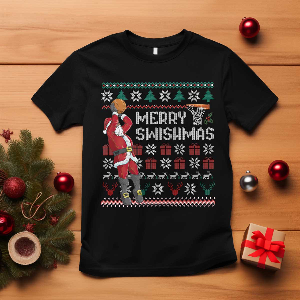 Funny Black Santa Christmas Basketball T Shirt Merry Swishmass Xmas Sport - African Pride