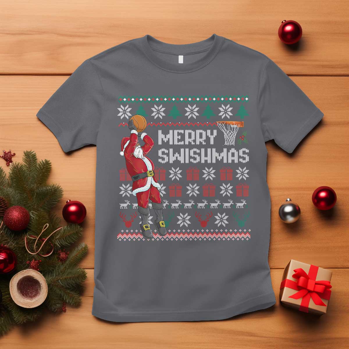Funny Black Santa Christmas Basketball T Shirt Merry Swishmass Xmas Sport - African Pride