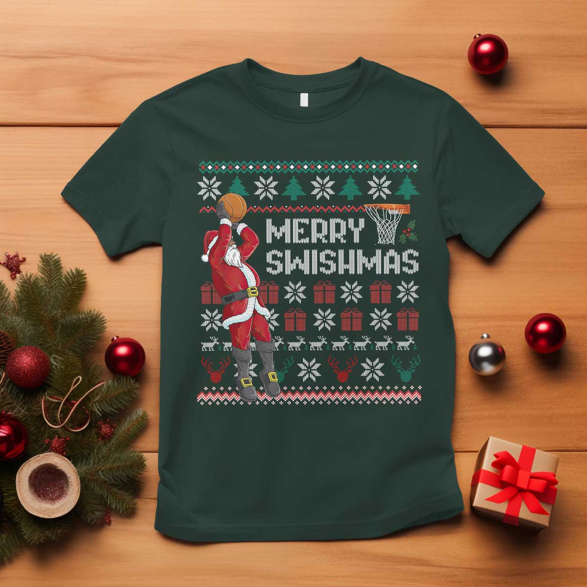 Funny Black Santa Christmas Basketball T Shirt Merry Swishmass Xmas Sport - African Pride