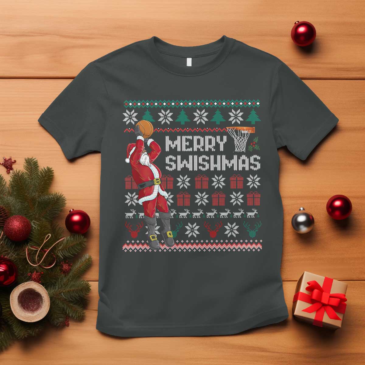 Funny Black Santa Christmas Basketball T Shirt Merry Swishmass Xmas Sport - African Pride