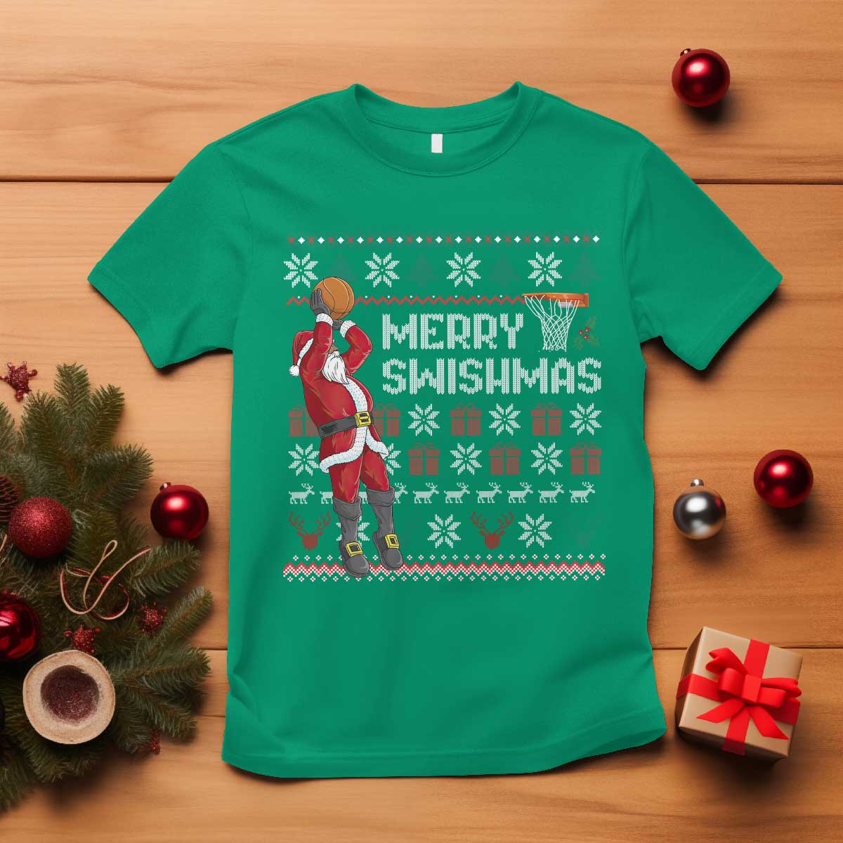 Funny Black Santa Christmas Basketball T Shirt Merry Swishmass Xmas Sport - African Pride