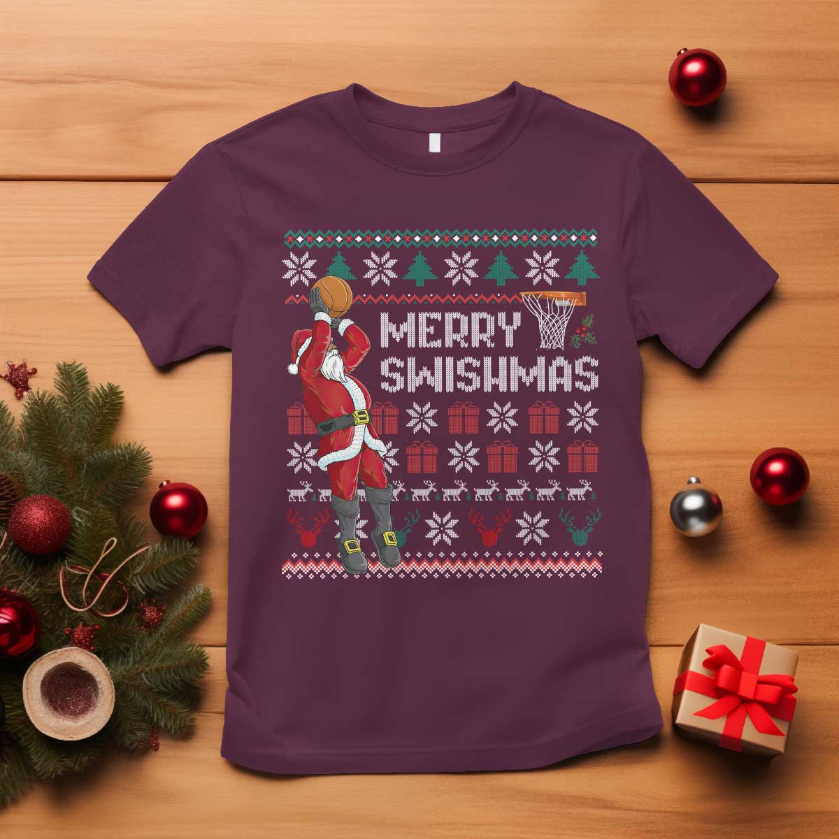 Funny Black Santa Christmas Basketball T Shirt Merry Swishmass Xmas Sport - African Pride