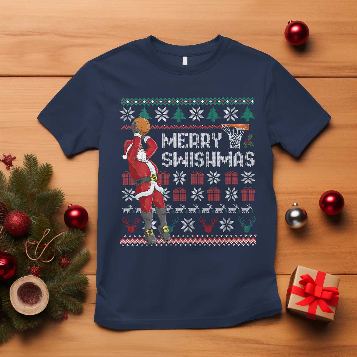 Funny Black Santa Christmas Basketball T Shirt Merry Swishmass Xmas Sport - African Pride