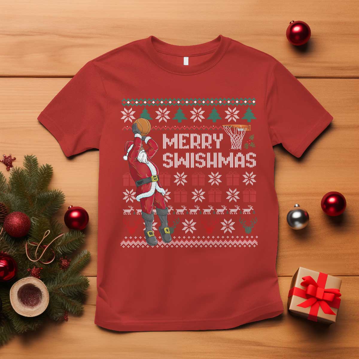Funny Black Santa Christmas Basketball T Shirt Merry Swishmass Xmas Sport - African Pride