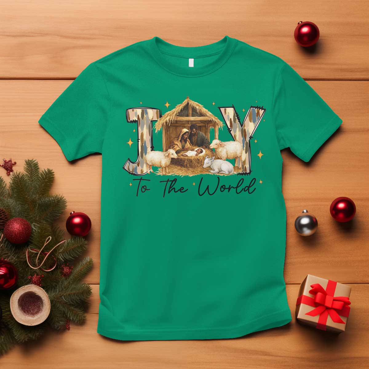 African American Christmas Nativity Scene T Shirt Joy To The World Afro Black Jesus - African Pride