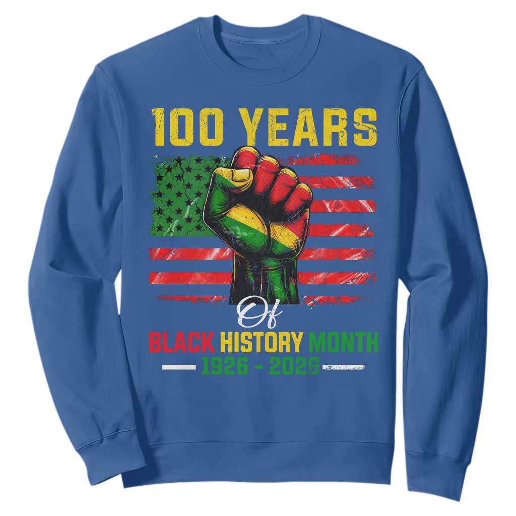 100 Years Of Black History Month Sweatshirt Hand Fist African American Milestone American Flag