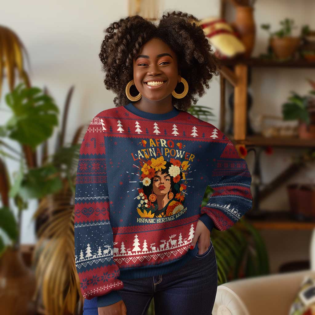 Afro Latina Power Knit Sweatshirt Hispanic Heritage Month Flowers - African Pride