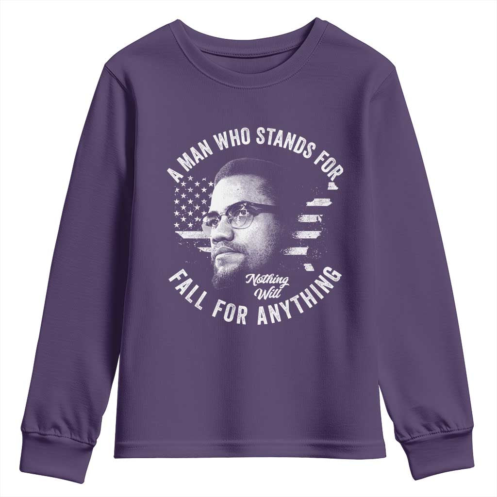 Malcolm X Youth Sweatshirt A Man Who Stands For Nothing Will Fall For Anything American Flag