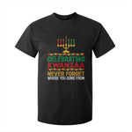 Celebrating Kwanzaa Never Forget Where You Come From Kinara Candle African American Christmas T Shirt For Kid