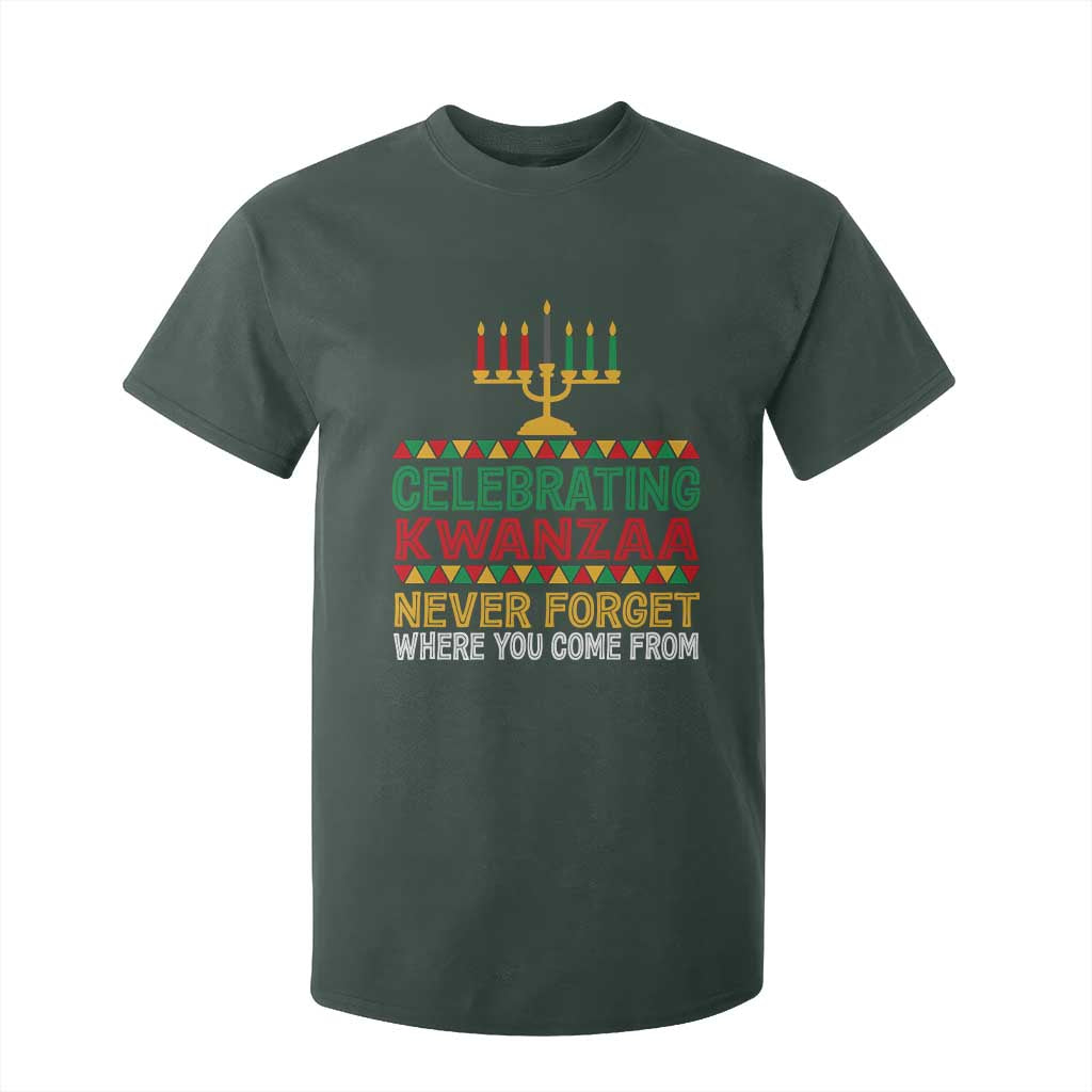 Celebrating Kwanzaa Never Forget Where You Come From Kinara Candle African American Christmas T Shirt For Kid
