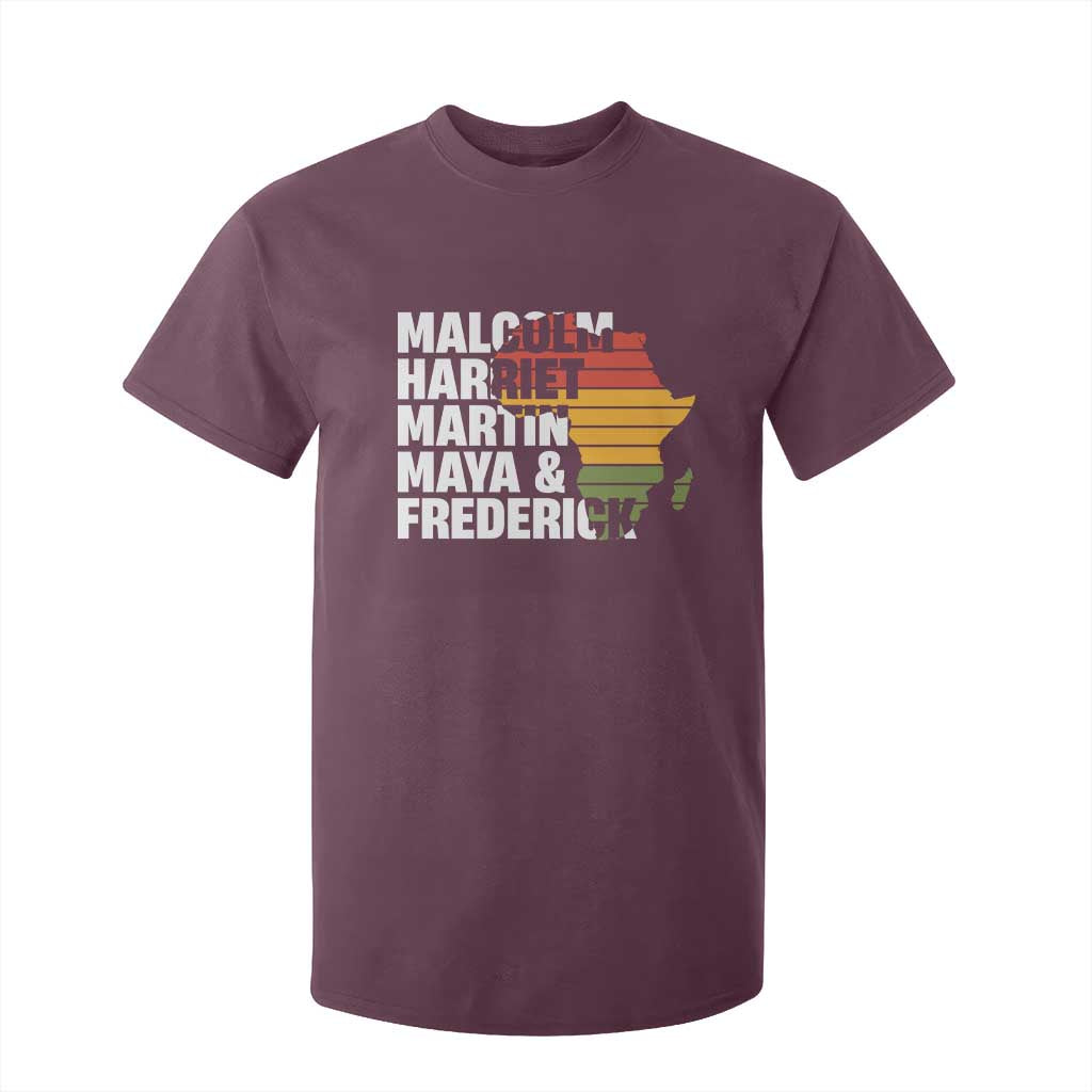 Black Leaders T Shirt For Kid Malcolm Harriet Martin Maya Frederick Africa Map