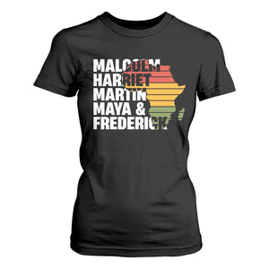 Black Leaders T Shirt For Women Malcolm Harriet Martin Maya Frederick Africa Map