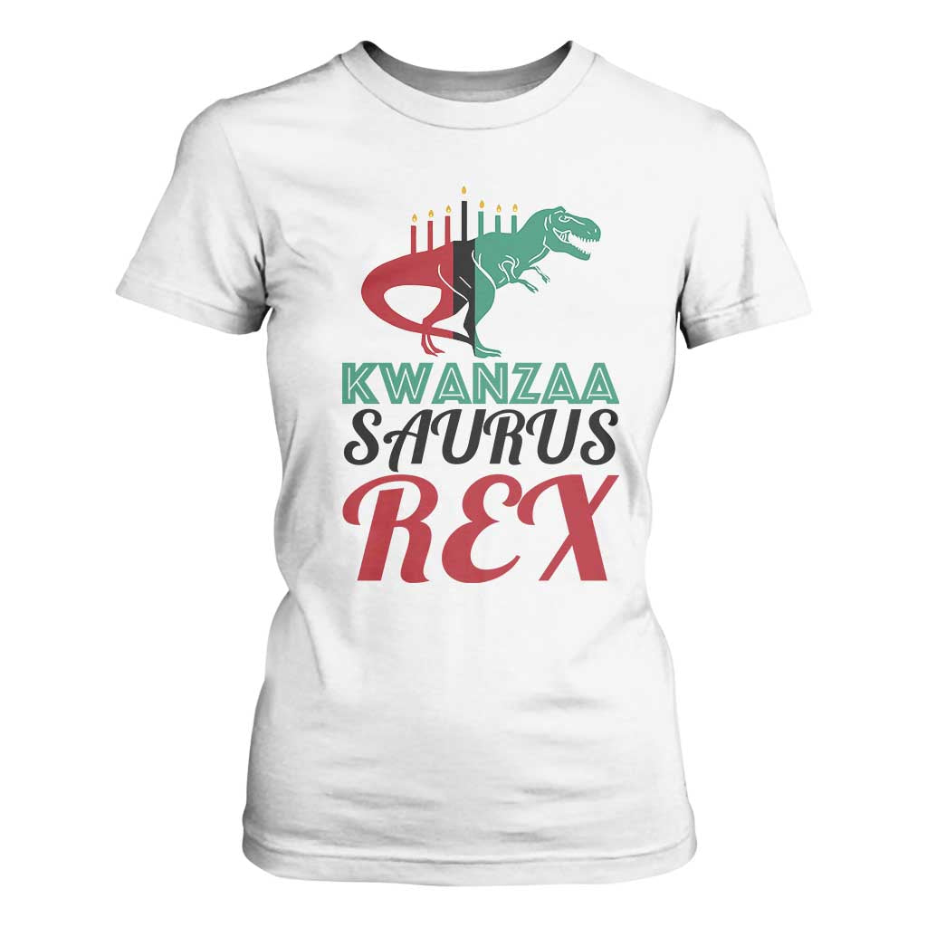 Kwanzaa Saurus Rex Kinara Candles Dinosaur T-rex African Heritage Holiday T Shirt For Women