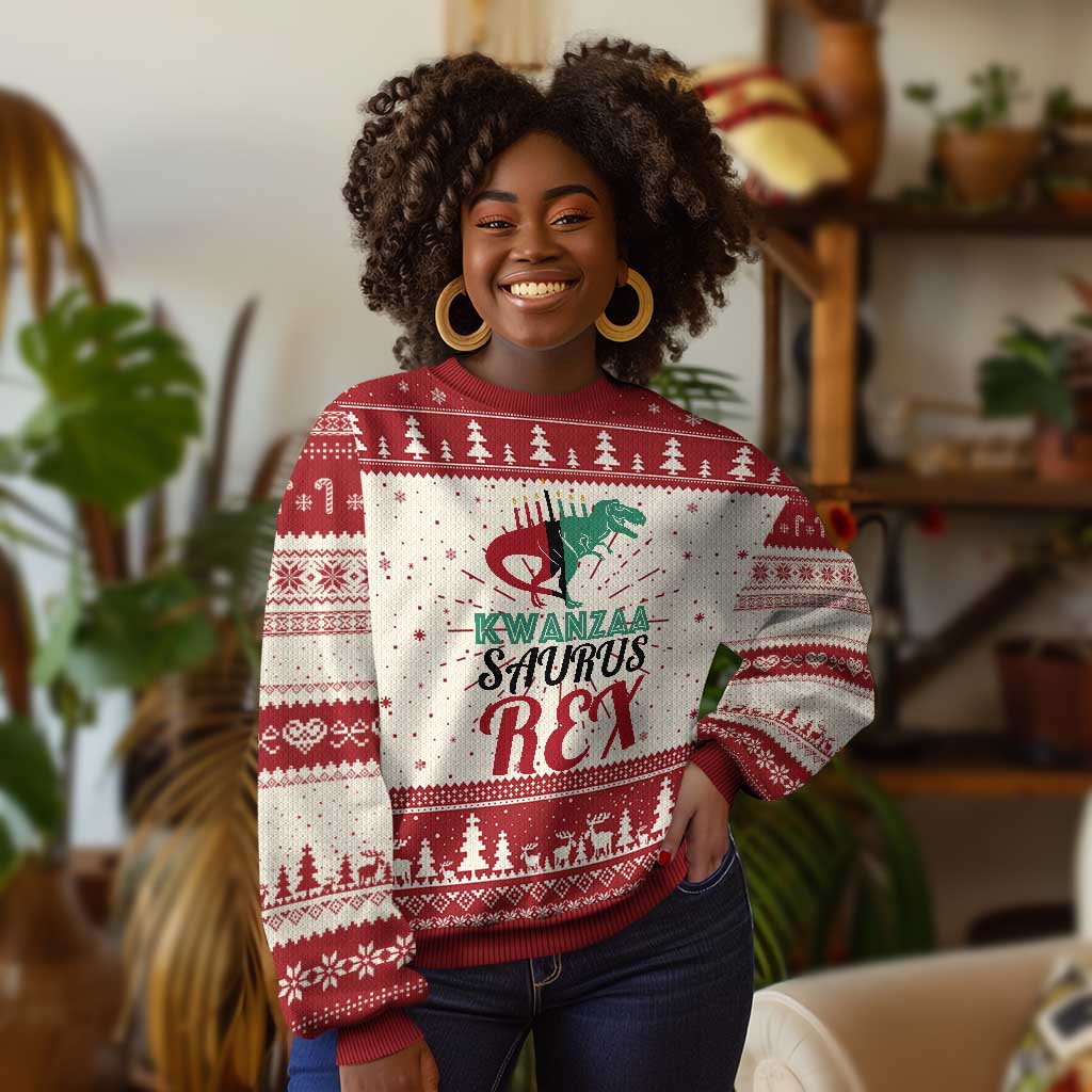 Kwanzaa Saurus Rex Kinara Candles Dinosaur T-rex African Heritage Holiday Ugly Christmas Sweater