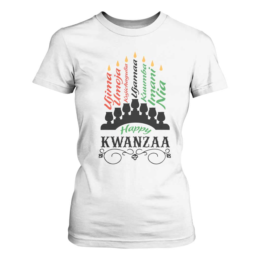 Happy Kwanzaa The 7 Principles African Nguzo Saba Kinara Candles African American Holiday T Shirt For Women