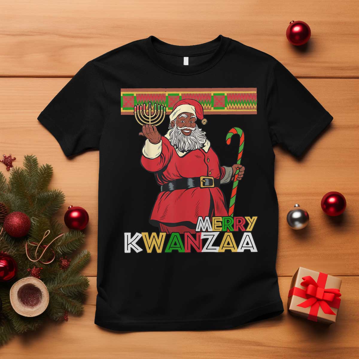 Funny Merry Kwanzaa Christmas T Shirt African American Holiday Black Santa Kinara Candles