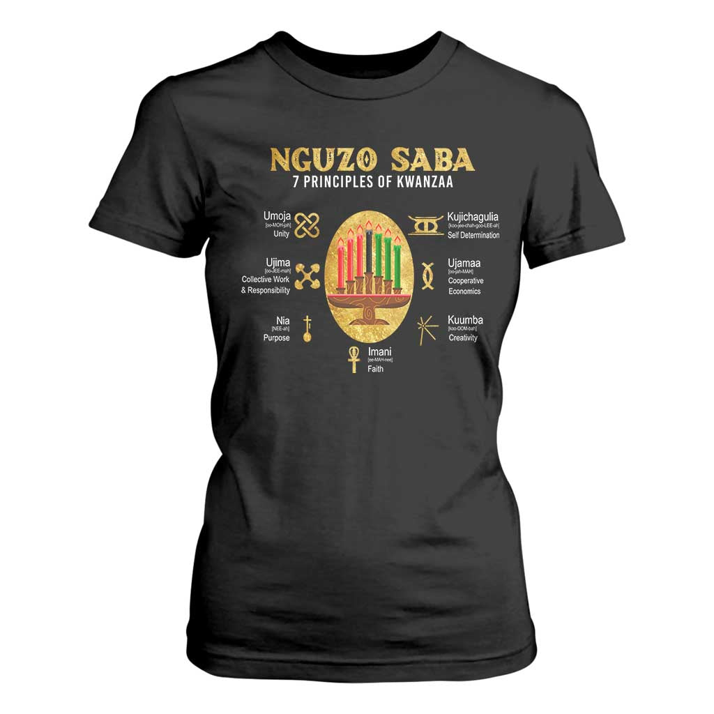 Nguzo Saba Symbols The 7 Principles Of Kwanzaa Kinara Candles African Holiday T Shirt For Women