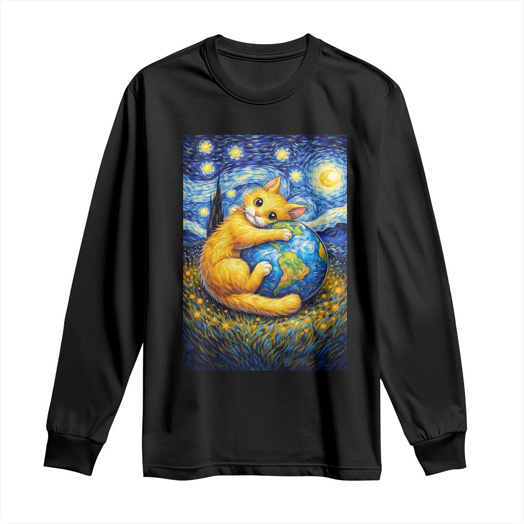 Earth Day Long Sleeve Shirt Starry Night Cat Hugging Earth