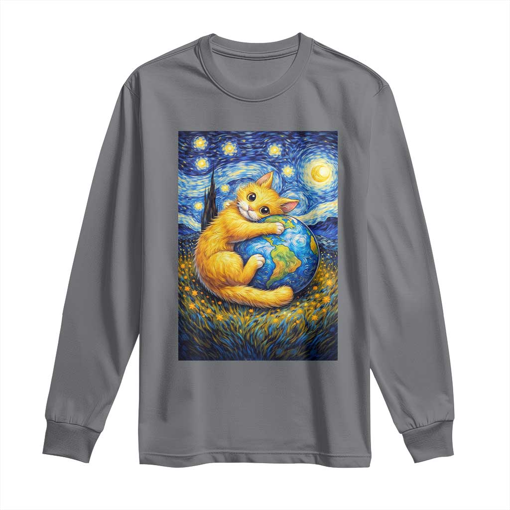 Earth Day Long Sleeve Shirt Starry Night Cat Hugging Earth