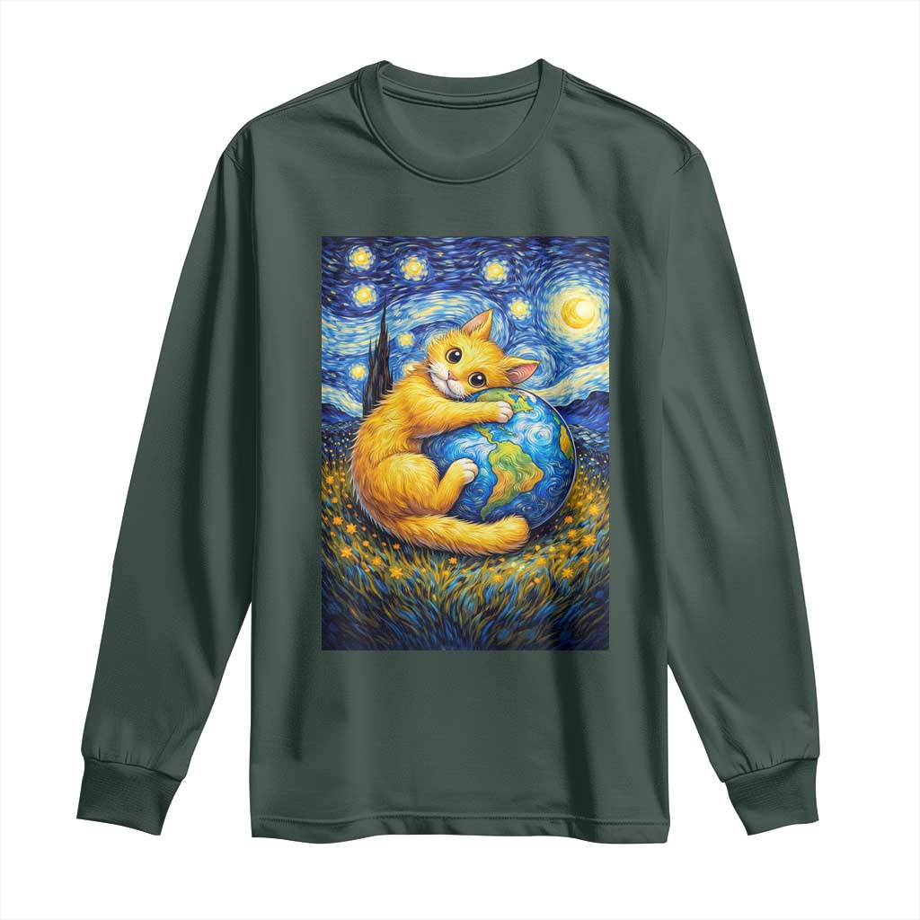 Earth Day Long Sleeve Shirt Starry Night Cat Hugging Earth