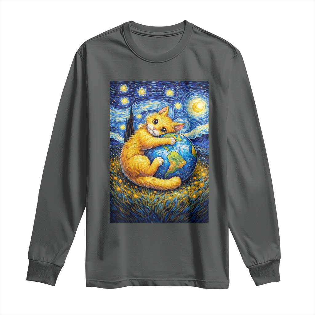 Earth Day Long Sleeve Shirt Starry Night Cat Hugging Earth