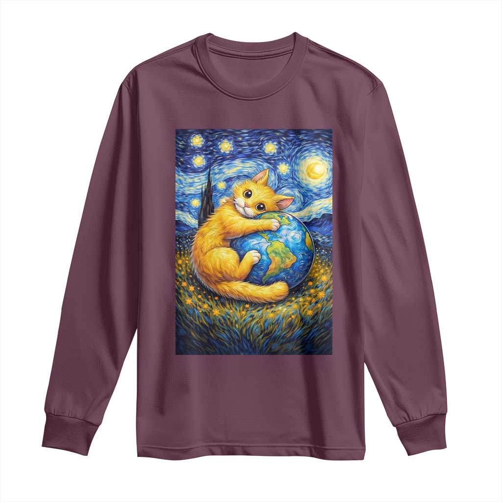 Earth Day Long Sleeve Shirt Starry Night Cat Hugging Earth