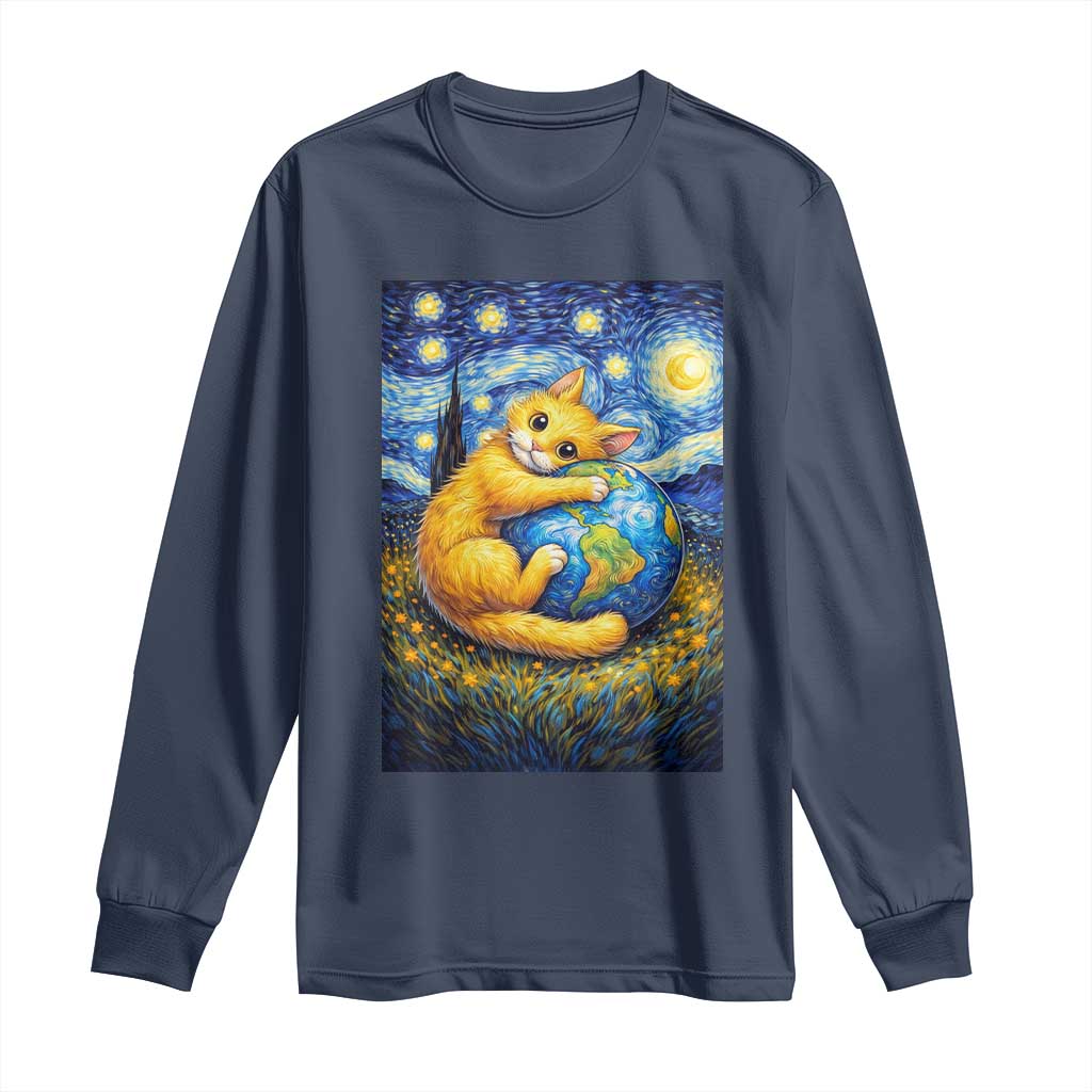 Earth Day Long Sleeve Shirt Starry Night Cat Hugging Earth
