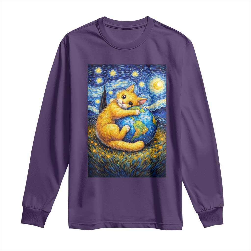 Earth Day Long Sleeve Shirt Starry Night Cat Hugging Earth