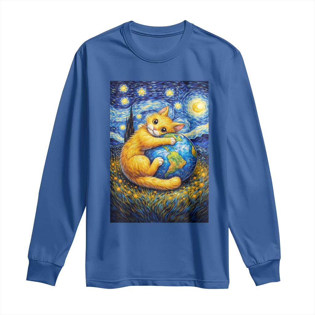 Earth Day Long Sleeve Shirt Starry Night Cat Hugging Earth