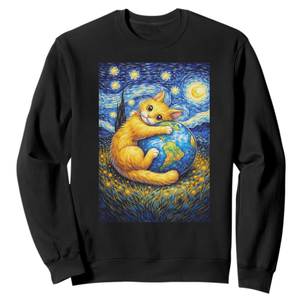 Earth Day Sweatshirt Starry Night Cat Hugging Earth