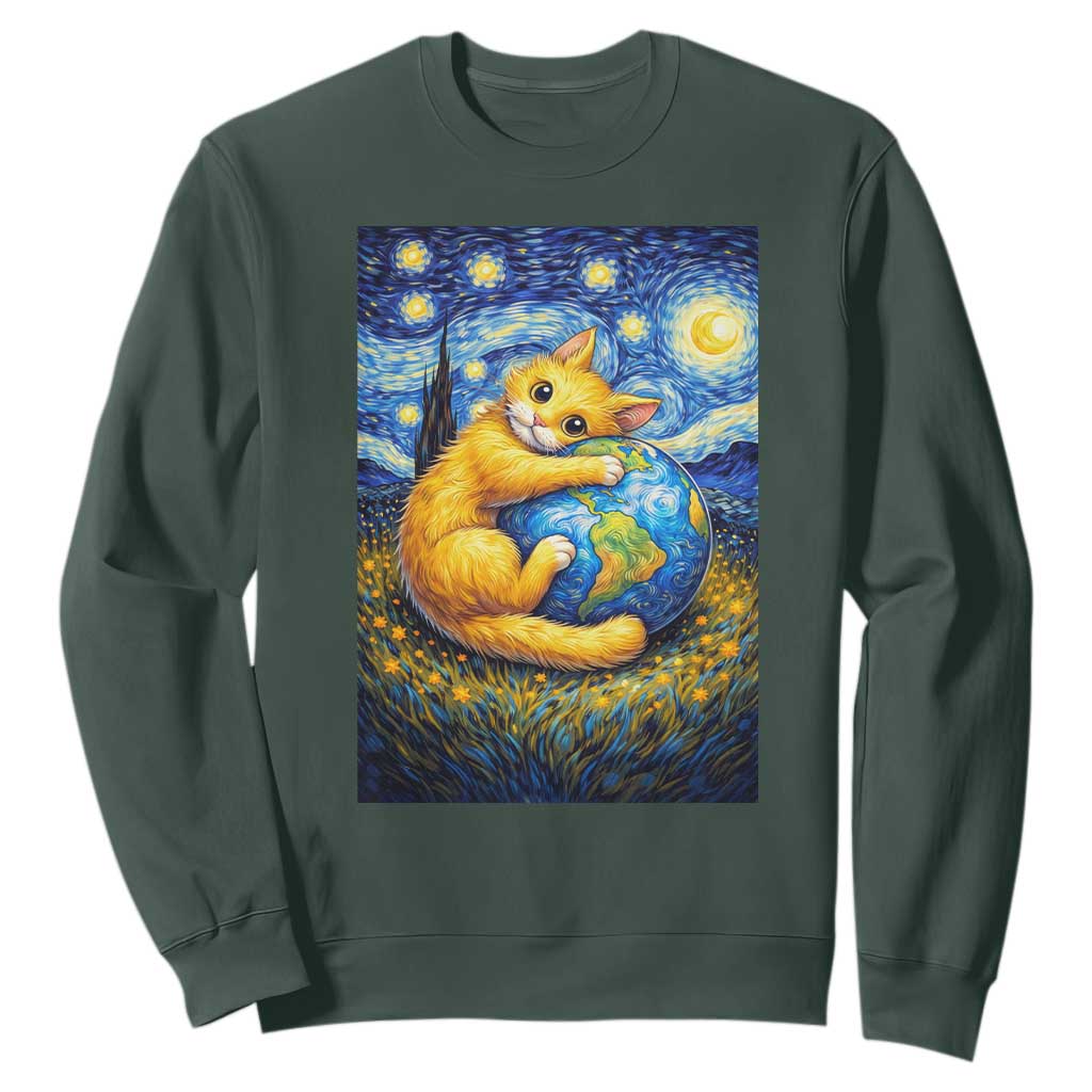 Earth Day Sweatshirt Starry Night Cat Hugging Earth