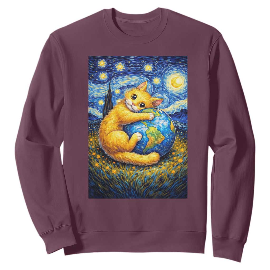 Earth Day Sweatshirt Starry Night Cat Hugging Earth