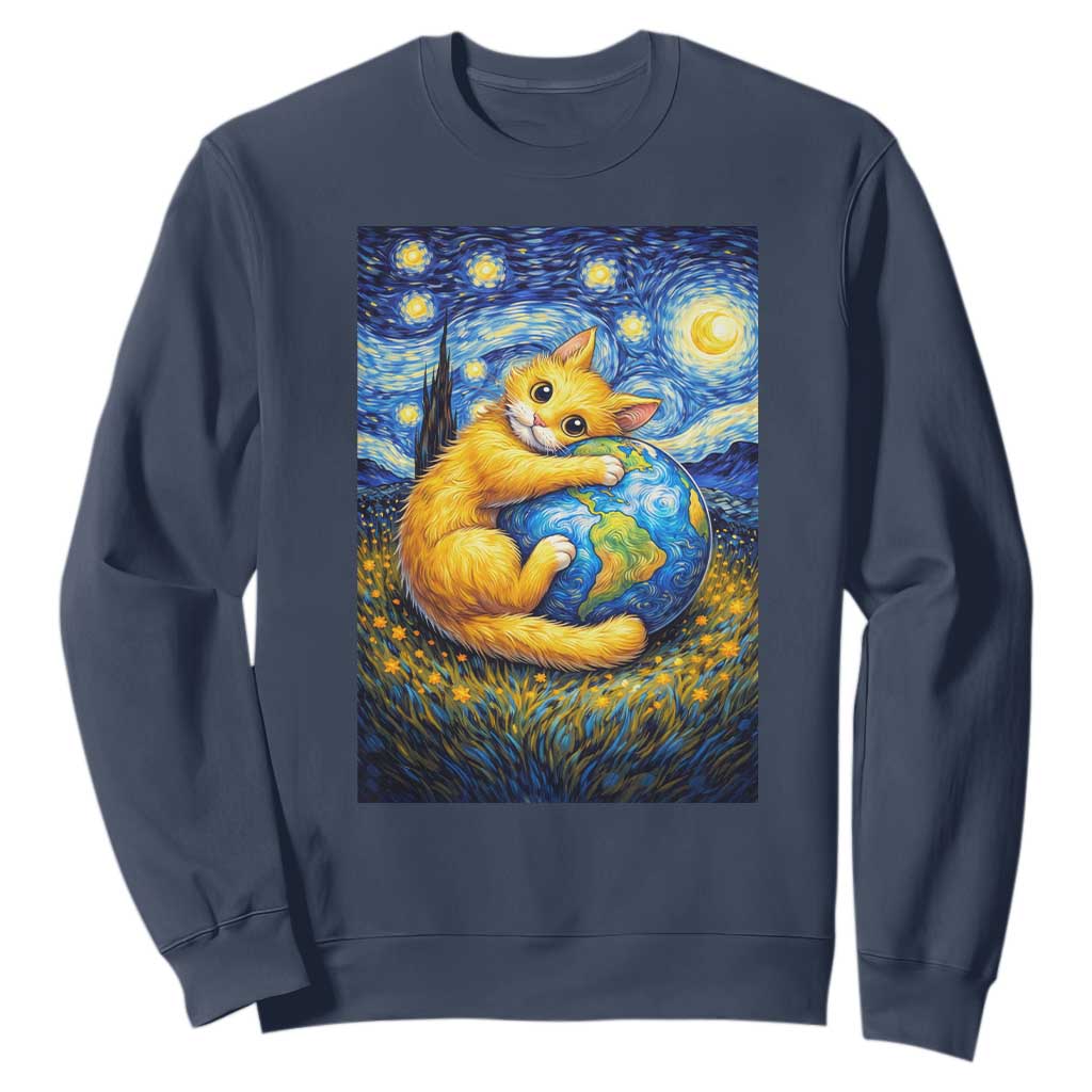 Earth Day Sweatshirt Starry Night Cat Hugging Earth