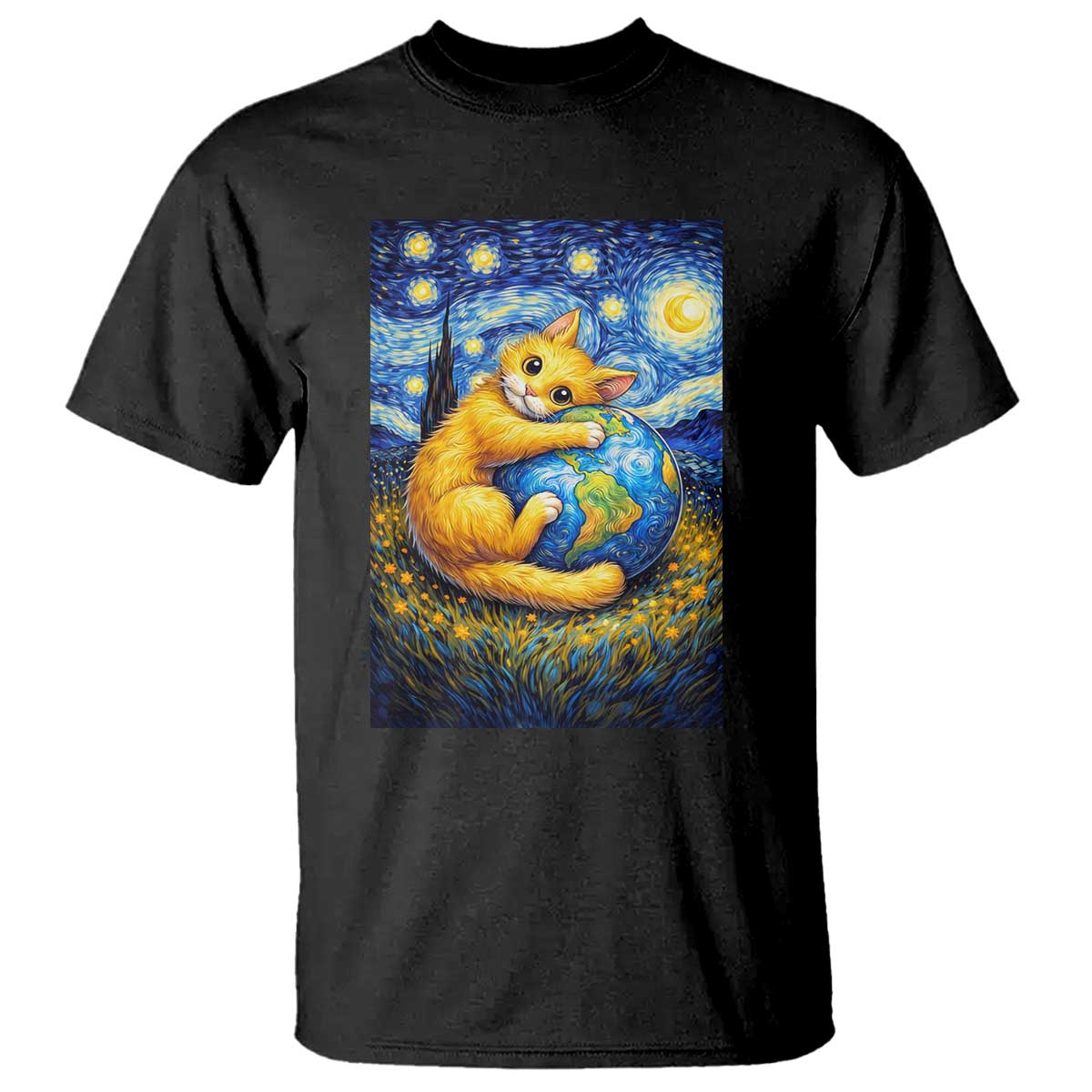 Earth Day T Shirt Starry Night Cat Hugging Earth